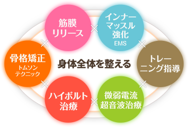 身体全体を整える 筋膜リリース インナーマッスル強化 トレーニング指導 微弱電流超音波治療 ハイボルト治療 骨格矯正トムソンテクニック